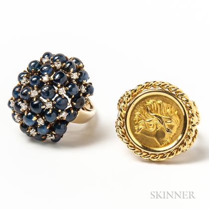 Corletto 18kt Gold Justice Ring and a 14kt Gold, Diamond, and Sapphire Cabochon Cluster Ring