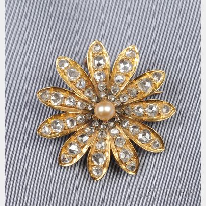 Antique 18kt Gold, Seed Pearl, and Diamond Flower Pendant/Brooch