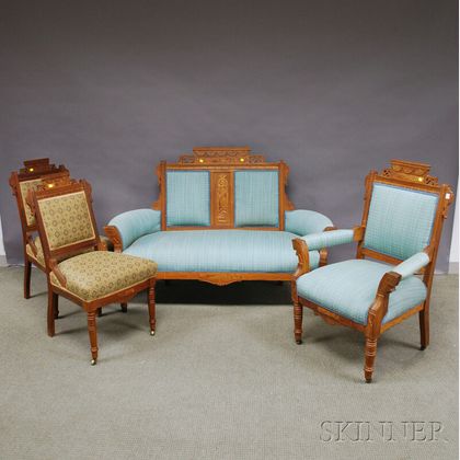 Four-piece Victorian Eastlake-type Upholstered Carved Walnut Parlor Suite