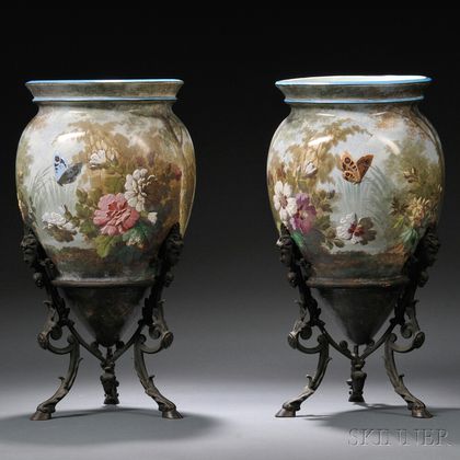 Pair of Hand-painted Pottery Vases on Bronze Stands