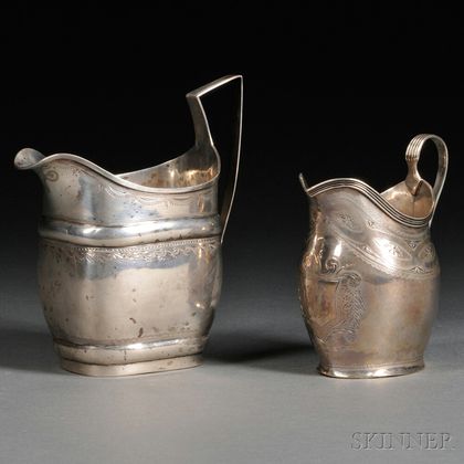 Two Classical Bright Cut Coin Silver Cream Pitchers