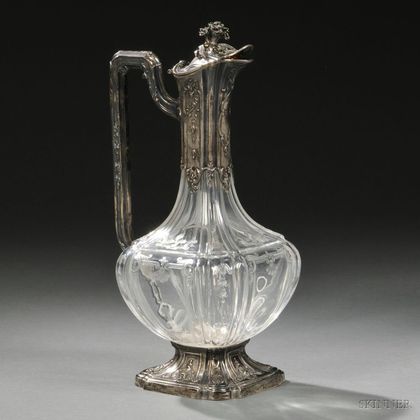 French .950 Silver-mounted Cut and Etched Glass Wine Ewer