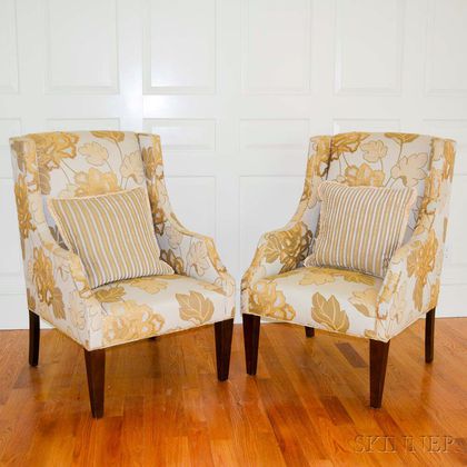 Pair of Moderne-style Beige and Gold Floral-upholstered Lounge Chairs