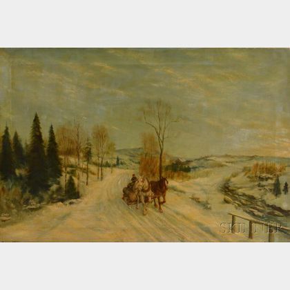 American School, 19th/20th Century Winter Landscape with Horses Pulling a Logging Sledge.