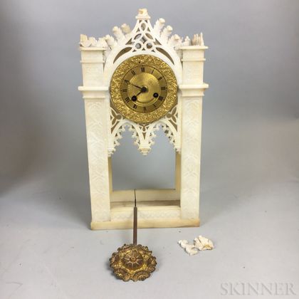 Gothic Revival Alabaster and Brass Cathedral-form Mantel Clock