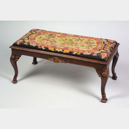 Georgian-style Needlepoint Upholstered Carved Mahogany and Burl Veneer Fireside Bench. 