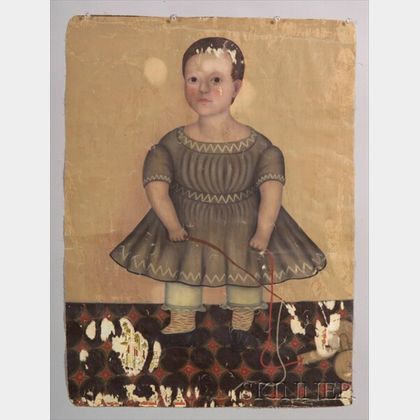 American School, early 19th Century Portrait of a Young Boy with a Whip and a Pull Toy.
