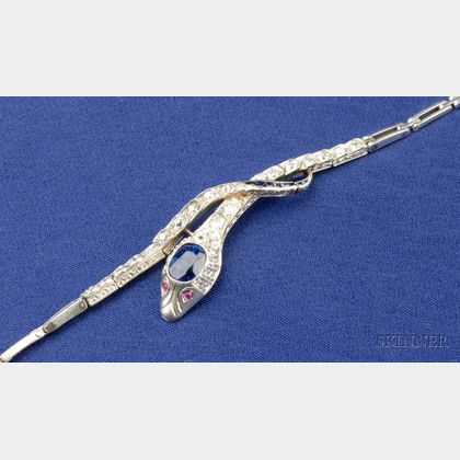 Art Deco Platinum, Diamond, and Sapphire Snake Bracelet