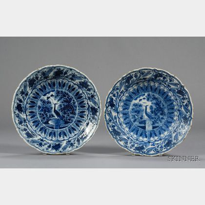 Two Dutch Delft Peacock Pattern Chargers