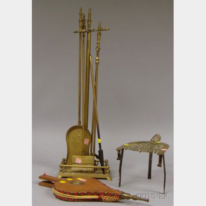 Set of Four Brass Fireplace Tools with Stand, a Brass Trivet, and a Painted Wooden Bellows. 