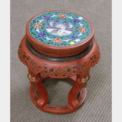 Chinese Red Lacquered Stand with Circular Cloisonne Panel Inset Top. 