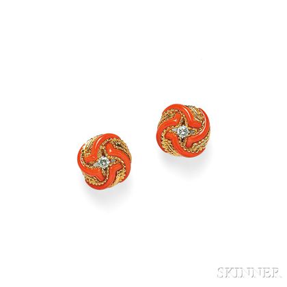 18kt Gold, Coral, and Diamond Earclips, Tiffany & Co.