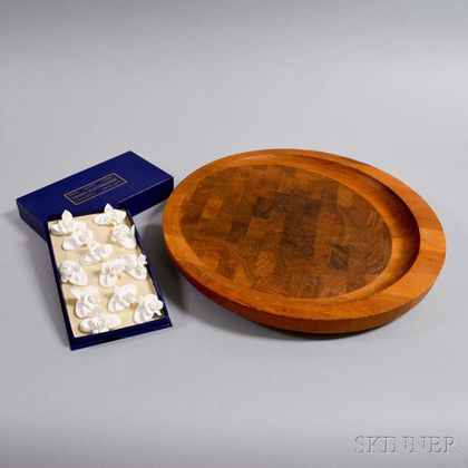 Dansk Wood Cutting Board and a Set of Twelve Crown Staffordshire Place Card Holders. Estimate $20-200