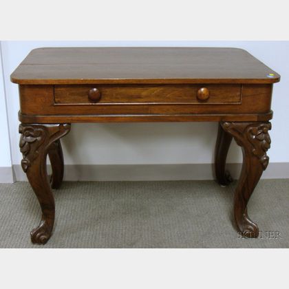 Victorian Rococo Revival Carved Rosewood and Rosewood Veneer Spinet Table with Drawer. 