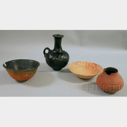 Three Prehistoric Pots and a Santa Clara Southwest Pottery Vase. 