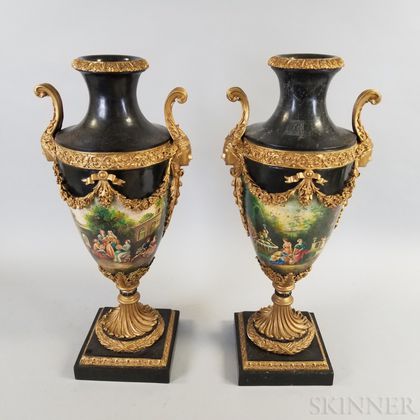 Pair of French-style Hand-painted Giltwood and Stone Urns