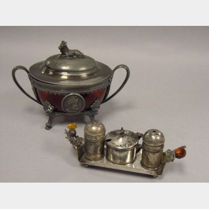 Reed & Barton Silver Plated Cranberry Glass-lined Lidded Oval Box, and a Scottish Silver Plated Condiment Set. 