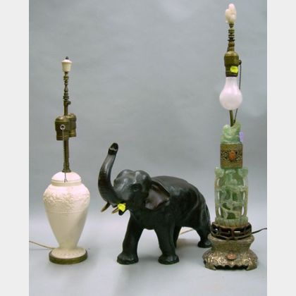 Chinese Green Quartz Table Lamp, a Wedgwood Queens Ware Table Lamp, and a Japanese Patinated Copper-clad Eleph... 