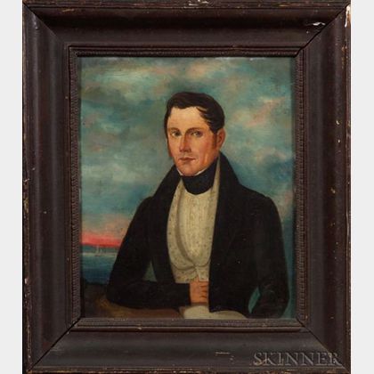American School, 19th Century Portrait of Nantucket Sea Captain Russell with View of Nantucket.