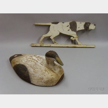 Carved and Painted Wooden Eider Duck Decoy and a Painted Wood Panel Pointer Dog Weather Vane