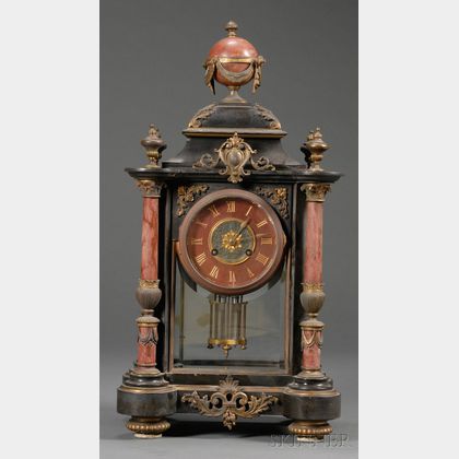 French Renaissance Revival Black and Rouge Marble Ormolu-mounted Mantel Clock