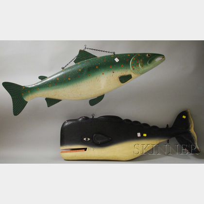 Two Polychrome-painted Molded Tin Trout and Whale "Trade Signs,"