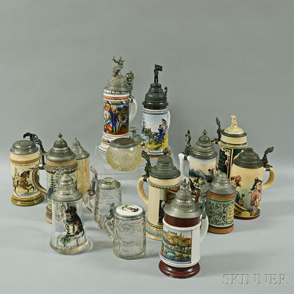 Fifteen Stoneware, Ceramic, and Glass Steins