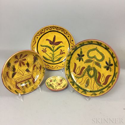 Four Small Lester Breininger Scraffito or Slip-decorated Redware Plates