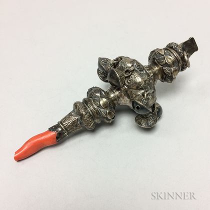 English Sterling Silver and Coral Whistle/Rattle