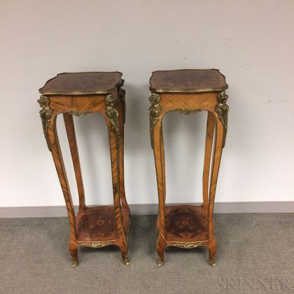 Pair of Louis XV-style Ormolu-mounted Marquetry Walnut Pedestals
