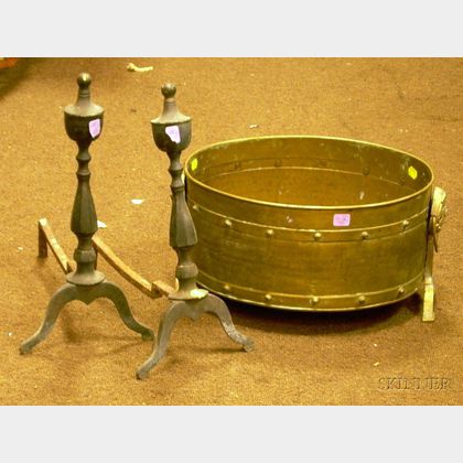 Pair of Brass Urn-top Andirons and a Brass Footed Tray. 