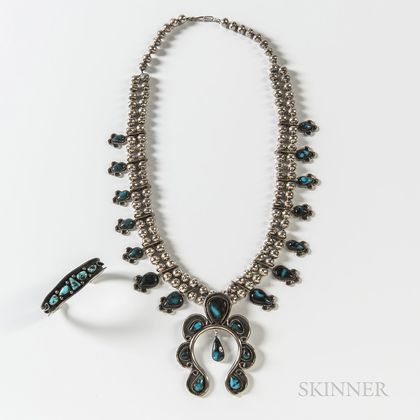 Navajo Silver and Turquoise Squash Blossom Necklace and Bracelet
