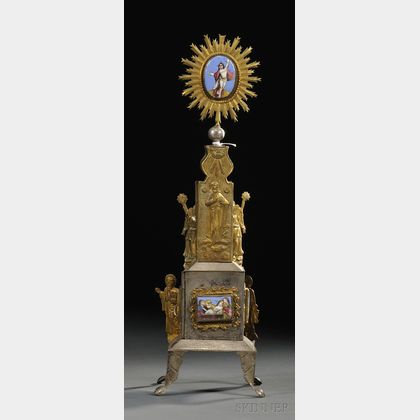 Brass, Silvered Metal, and Porcelain-mounted Reliquary
