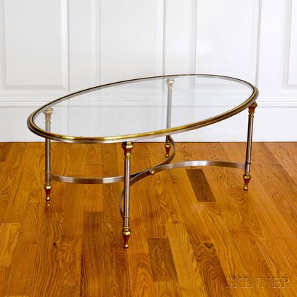 Vintage Hollywood Regency Brass and Steel Oval Glass-top Cocktail Table