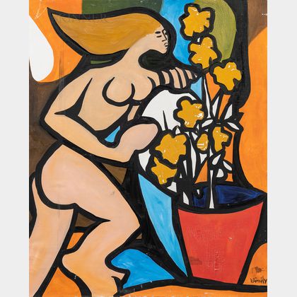 Roland Dorcély (Haitian, 1930-2017) Nude with Potted Flowers