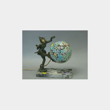 Art Deco Patinated Metal Figural Dancer and Millefiore Glass Globe Table Lamp. 