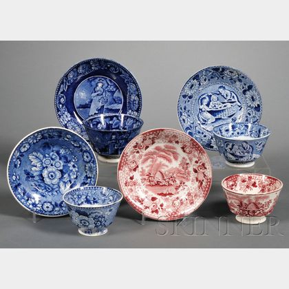 Four Transfer-decorated Tea Bowls and Saucers