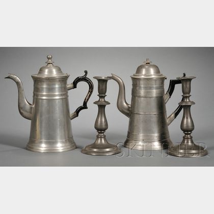 Two Pewter Coffeepots and a Pair of Candlesticks