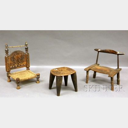 Two African Wooden Chairs and a Stool