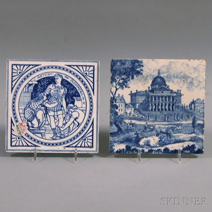 Two Blue and White Minton Tiles