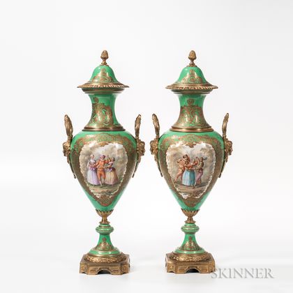 Pair of Bronze-mounted Sevres-style Porcelain Vases and Covers