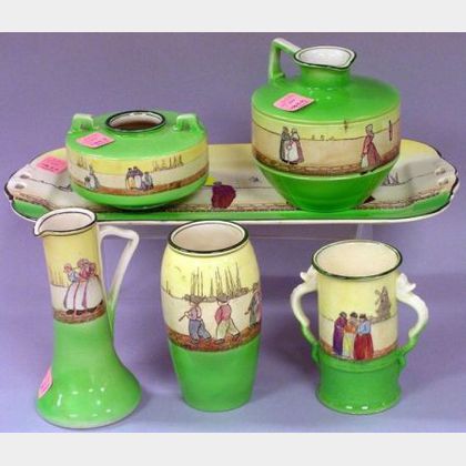 Royal Doulton Dutch Series Ware Tray, Two Jugs, Two Vases, and a Jar