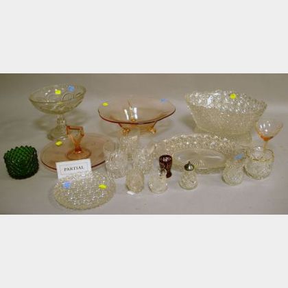 Approximately Twenty-six Pieces of Colorless Pressed and Cut Glass Tableware and Eleven Colored Glass Articles. 