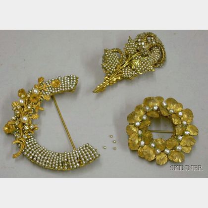 Three Miriam Haskell Pearl and Goldtone Brooches, 1950s