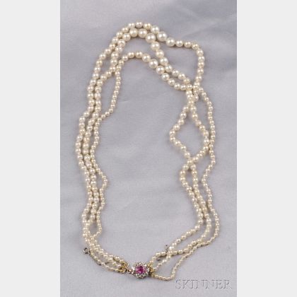 Antique Pearl, Pink Sapphire, and Diamond Necklace