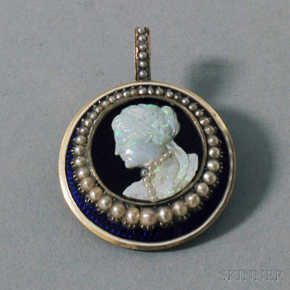 10kt Gold, Carved Opal, Seed Pearl, and Enamel Cameo Portrait Pendant