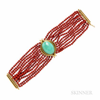 Gold, Turquoise, and Coral Bracelet