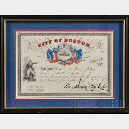 Framed City of Boston Civil War Era Military Donation Certificate