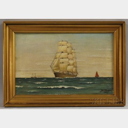 20th Century Scandinavian/American School Oil on Canvas View of a Three-masted Sailing Ship with Distant Steamer