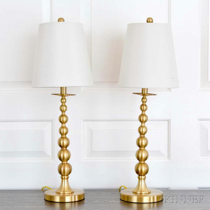 Pair of Ralph Lauren Brushed Gold-finish Lamps with Shades